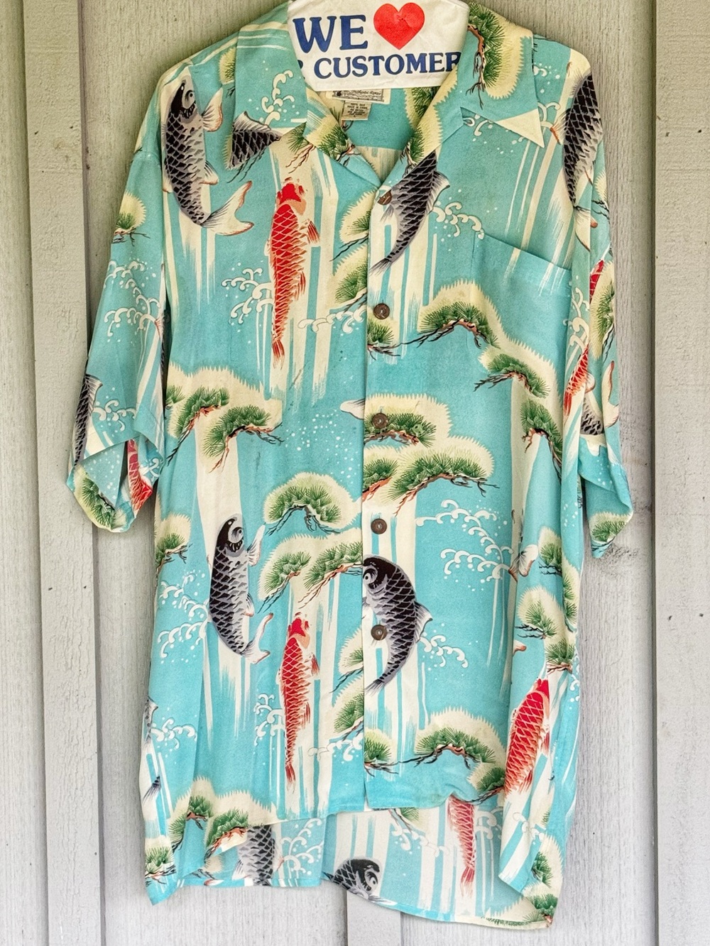 Vintage Avanti Hawaiian Shirt in Light Blue, White and Red - Koi -L